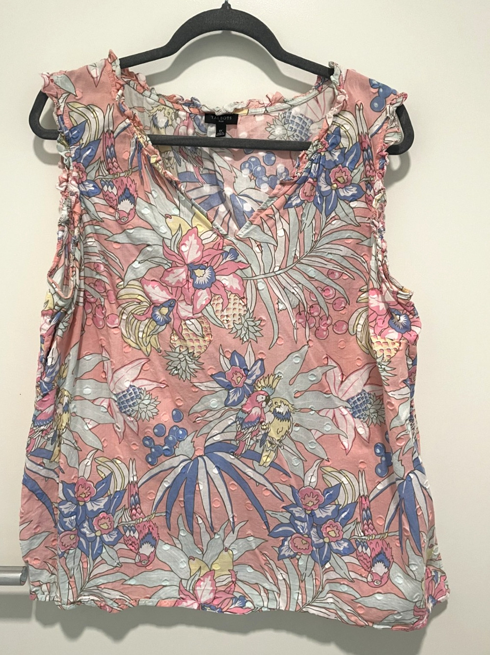 Talbots Plus 1X Sleeveless Tropical Floral Bird Cotton Blouse Pink
